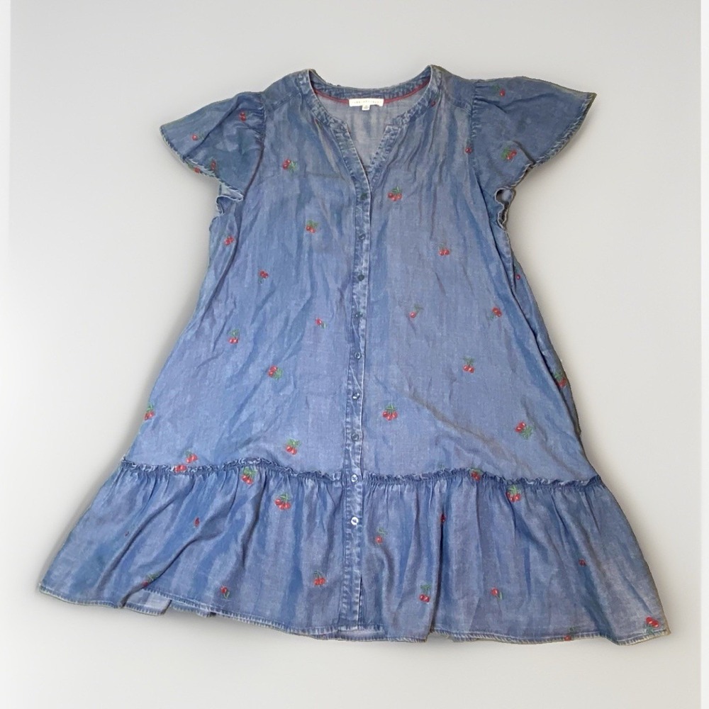Jane + Delancey Women's 1X Blue chambray Denim Cherry Embroidered Dress pockets